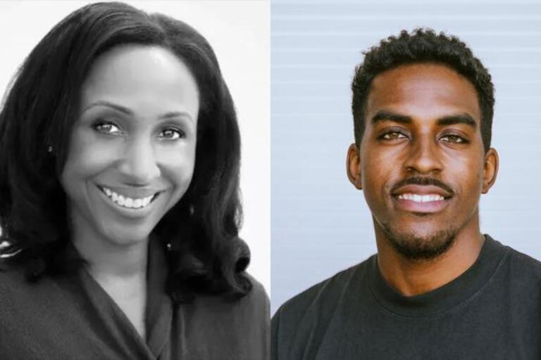 Two headshots of lecture speakers. Left: Lisa Armstrong, a black woman, UC Berkeley professor, and journalist. Right: Amir Aziz, a black man and photographer. Each person is looking into the camera and smiling.