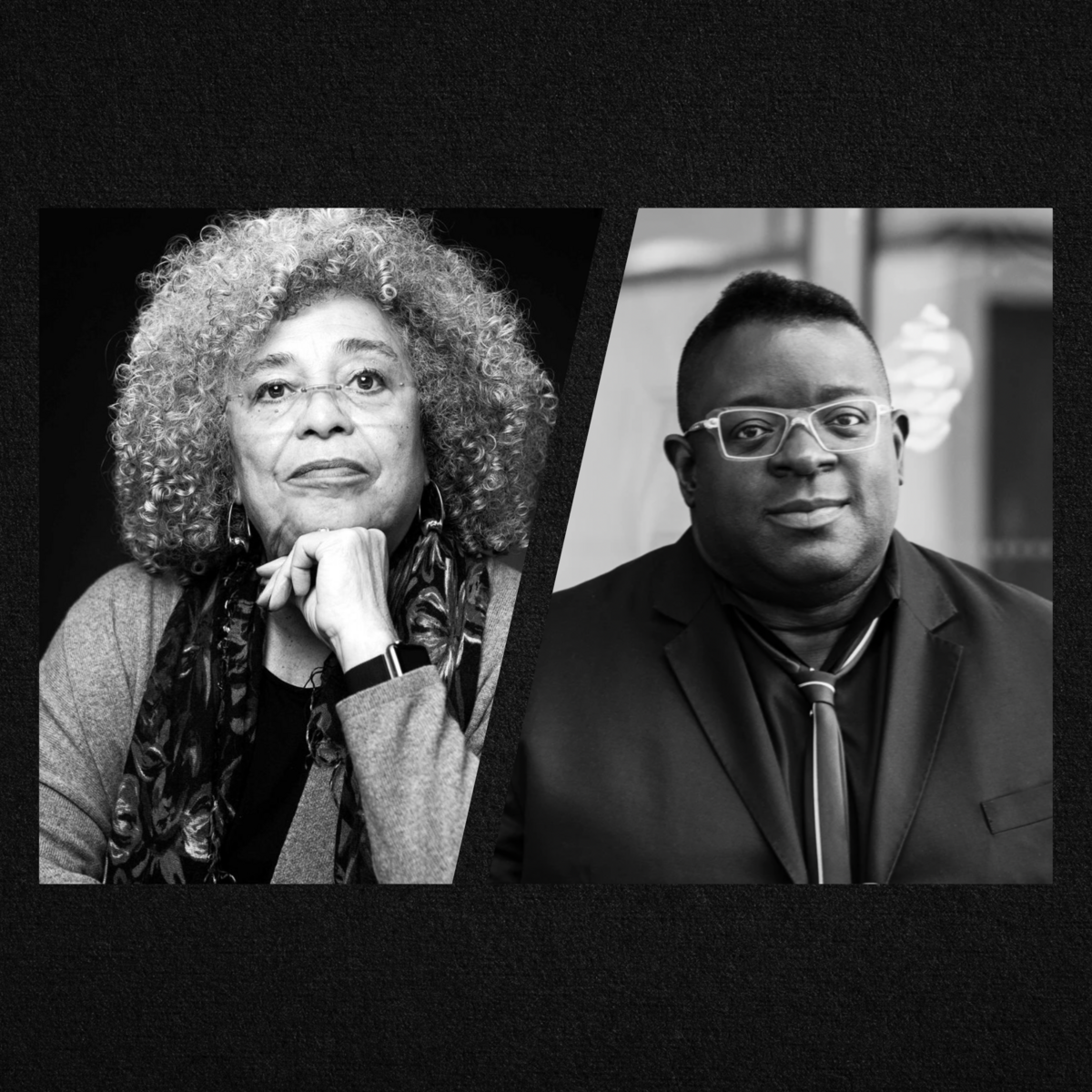 Two headshots of lecture speakers. Left: Angela Davis, a black woman. She looks pensively into the camera. Right: Isaac Julien, a black man. He is smiling into the camera. Each photo is in black & white.