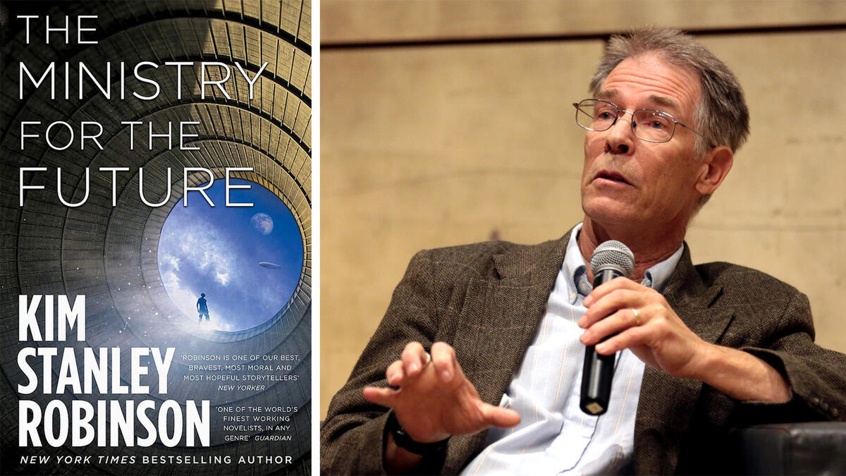 book cover of "Ministry for the Future" next to image of Kim Stanley Robinson speaking