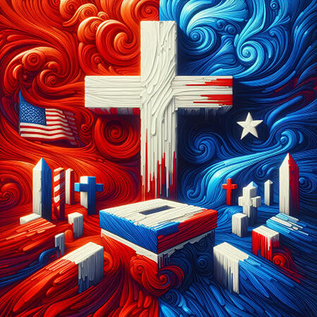 Cross surrounded by voting related imagery