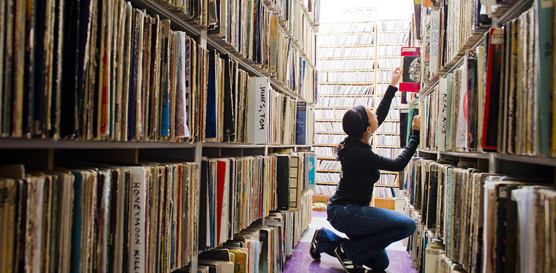 Pictured here is the music archive of KALX. (UC Berkeley photo by Elena Zhukova)