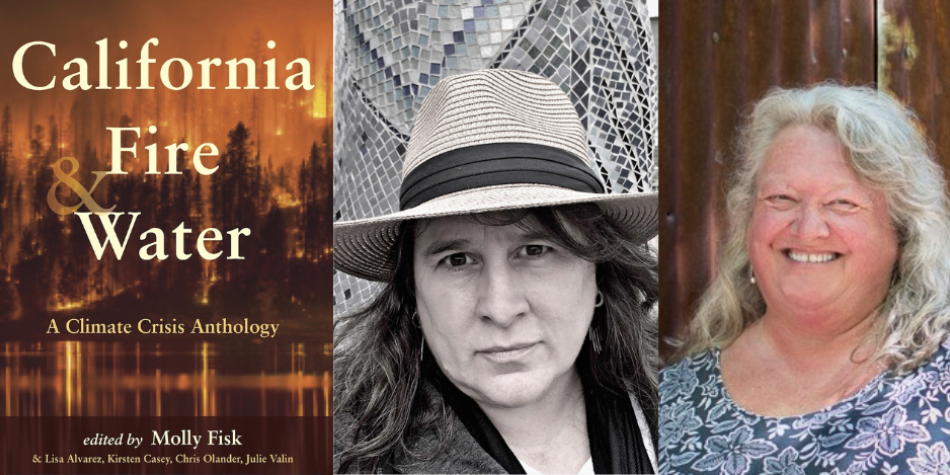 Two photographs of women alongside a book cover featuring burning landscapes