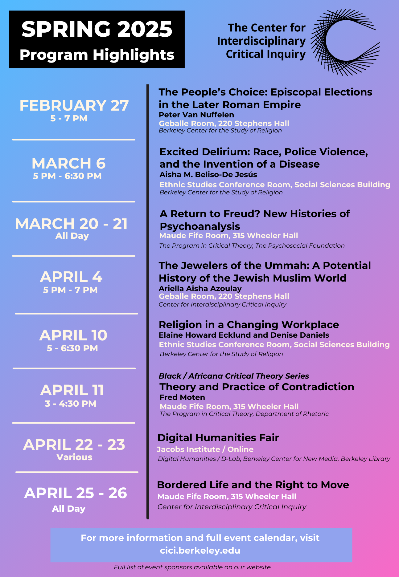 Digital flyer listing upcoming CICI events, which can be found in an accessible format at events.berkeley.edu/cici