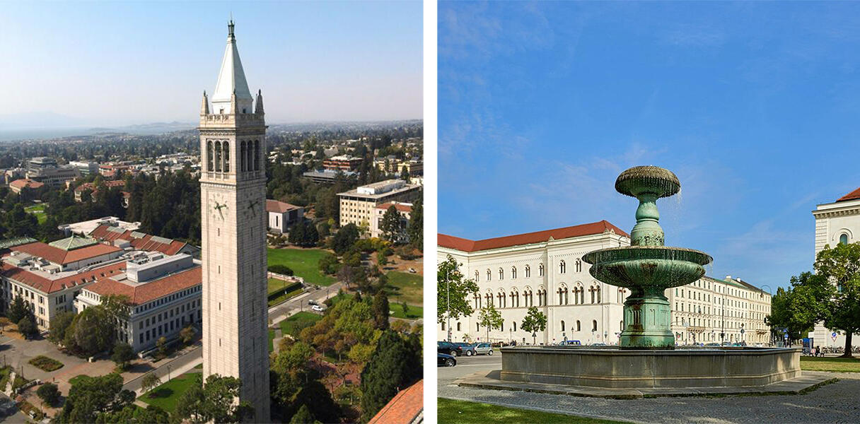 Photograph of the Camponile Tower at UC Berkeley paired next to the Professor-Huber-Platz fountain at Ludwig-Maximilian University (LMU)