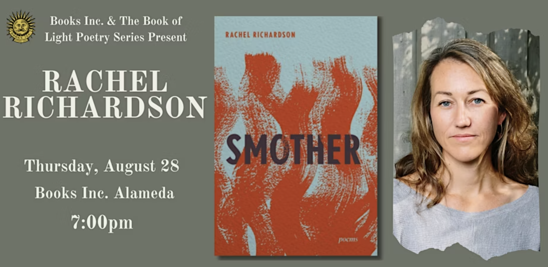 A photograph of the author next to a book cover of her book, Smother